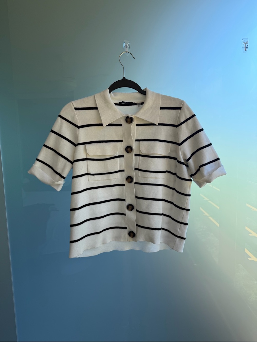 TAHARI Business Casual White and Black Striped Short Sleeve Knit Top - Picture 2 of 5
